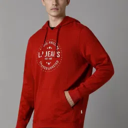 Louis Philippe Red Cotton Regular Fit Printed Hooded Sweatshirt image 3