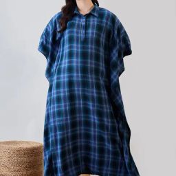 The Kaftan Company Blue Cotton Checks Night Dress-picture-5