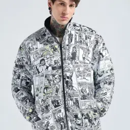 Bewakoof Marvel Men's White & Black All Over Printed Oversized Reversible Zipper Puffer Jacket-image-26