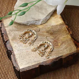 Dugran By Dugristyle Cream, White and Gold Drop Earrings with Kundan & Pearls image 3