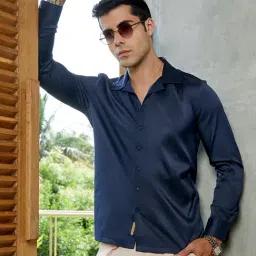 Campus Sutra Prussian Blue Solid Cuban Shirt image 3