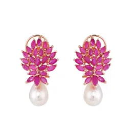 Saraf RS Jewellery Rose Gold Pink AD studded Pearl Drop Earring image 3
