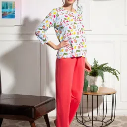 Clovia Blue & Pink Cotton Printed Top With Pyjamas image 3