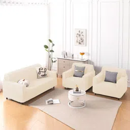 HOKIPO Aria Nova Cream-Coloured 3 Pieces Self Design 5 Seater Sofa Cover With Arms-picture-29