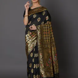 Mitera Black & Gold-Coloured Silk Blend Woven Design Kanjeevaram Saree-picture-15