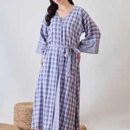The Kaftan Company Blue Cotton Checks Night Dress-picture-23