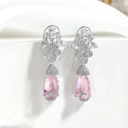 Rubans Rhodium-Plated Pink Crystal & Cubic Zirconia Studded Drop Earrings image 1