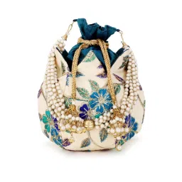 Anekaant Lotus Cream and Turquoise Blue Floral Embroidered Faux Silk Potli-image-48