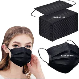 Wisezag Black Surgical Mask Pack of 110 Pieces Disposable Masks 3 Ply Layer & Nose Clip Ultrasonic Use, Throw Masks Pack of 100 Pcs Pin 3Ply Unisex, Nonwoven Fabric image 1