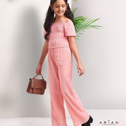 arias by lara dutta Arias Cotton Gauze Dobby Full Length Jumpsuit With Adjustable Sleeves - Peach-picture-30