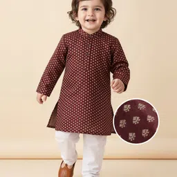 Babyhug Cotton Woven Full Sleeves Kurta & Pyjama Set With Floral Foil Print - Wine-picture-27