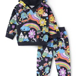 Bonfino 100% Cotton Knit Full Sleeves Floral Printed Hoodie & Joggers Winter Wear Co-Ord Set - Black-image-5
