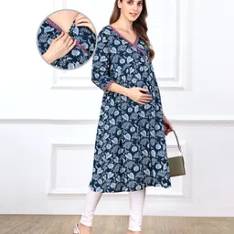 Bella Mama Viscose Woven Over Lapping Front Three Fourth Sleeves Maternity Kurta With Pocket Floral Print- Navy Blue-picture-25