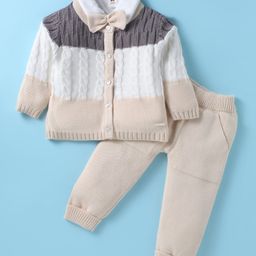 ToffyHouse Knitted Full Sleeves Winter Wear Color Block Sweater Cardigan & Shirt with Solid Joggers Set with Bow - Brown & Beige-picture-12