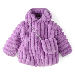 Little Kangaroos Fur Woven Solid Color Winter Jacket with Sling Bag - Purple-picture-9