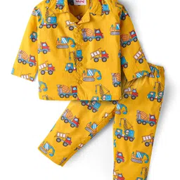 Babyhug Cotton Woven Full Sleeves Night Suit with Vehicle Print - Yellow-picture-25