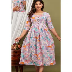 NEVISHA STYLE Cotton Woven Three Fourth Sleeves Floral Printed Maternity Dress With Side Seam Nursing Access - Lavender image 1