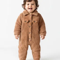 Mark & Mia Knit Full Sleeves Winter Wear Sherpa Romper With Pocket & Collar Detailing - Brown-picture-20