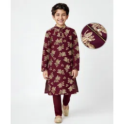 EARTHY TOUCH Single Jersey Knit Full Sleeves Kurta Pyjama Set with Foil Floral Print - Maroon-picture-20