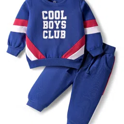 Doodle Poodle 100% Cotton Terry Knit Full Sleeves Winter Wear T-Shirt & Lounge Pant Set With Cut & Sew Design & Text Print - Blue-picture-20