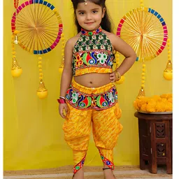 Bownbee Pure Cotton Woven Navratri Theme Sleeveless Peacock Embroidered Choli & Dhoti Costume Set - Green & Yellow-picture-29