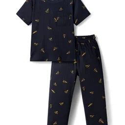 Pine Kids Drop Needle Half Sleeves Co-Ord Night Suit Set With Origami Plane Print - Black-picture-19