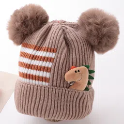 Babyhug Pom Pom Acrylic Woolen Cap Dino Design - Brown image 2