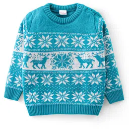 Babyhug Knit Full Sleeves Sweater Set with Aztec & Reindeer Design - Blue image 2