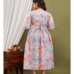 NEVISHA STYLE Cotton Woven Three Fourth Sleeves Floral Printed Maternity Dress With Side Seam Nursing Access - Lavender image 3