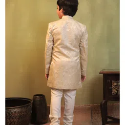 AJ Dezines Jacquard Woven Full Sleeves Floral Embroidered Sherwani With Pant Set - Cream image 3