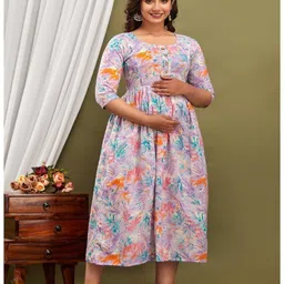 NEVISHA STYLE Cotton Woven Three Fourth Sleeves Floral Printed Maternity Dress With Side Seam Nursing Access - Lavender image 4