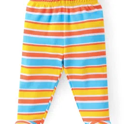 Babyhug Cotton Footed Bootie Leggings Striped & Dino Print Pack of 3 - White Blue & Yellow image 4
