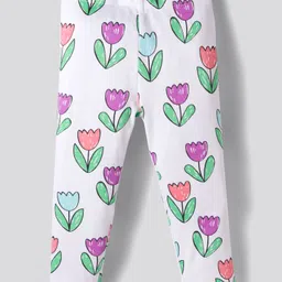Bonfino 100% Cotton Knit Full Length Leggings with Floral Print Pack of 3 - White Pink & Peach image 4