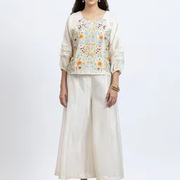 SMRITI GUPTA Women Floral Embroidered Round Neck Puff Sleeves Top image 2