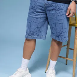 HERE&NOW Men Floral Embroidered Relaxed Fit Denim Shorts-picture-16
