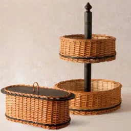 Peepul Tree Wicker & Wood Bread Box & 2 Tier Collapsable Fruit Basket Combo | Handcrafted in Kashmir-image-35