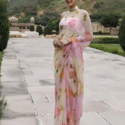 Geroo Jaipur White Pink Shaded Hand Painted Floral Chiffon Saree with Blouse image 3