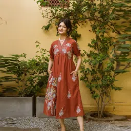 Autumnlane Brown Viva Rust Embroidered Relaxed Fit Midi Dress image 3