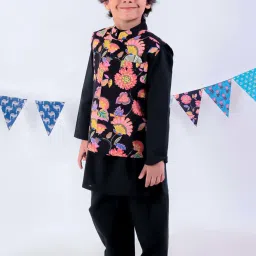 Lil Drama Boys Multicolor Floral Print Full Sleeves Kurta, Pyjamas With Nehru Jacket image 3