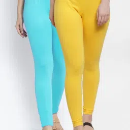 Gracit Yellow & Blue Mid Rise Leggings - Pack Of 2-image-44
