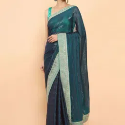 Soch Teal Blue Embroidered Saree With Unstitched Blouse-image-16