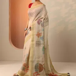 Libas Beige Regular Fit Floral Print Saree With Unstitched Blouse image 3