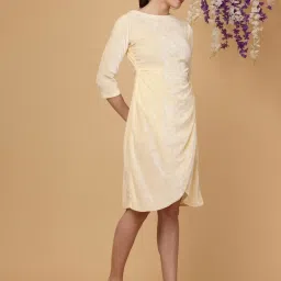 Kaanchie Nanggia Beige Boat Neck Ruched High Low Dress image 3