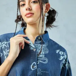 Bewakoof Women's Blue All Over Printed Oversized Shirt Dress image 4