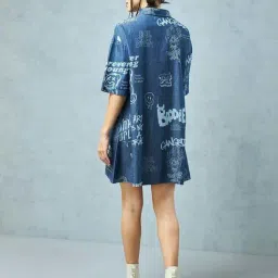 Bewakoof Women's Blue All Over Printed Oversized Shirt Dress image 2