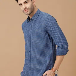 CAVALLO By Linen Club Navy Blue Linen Contemporary Fit Checks shirts image 3