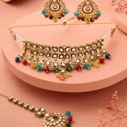 Zaveri Pearls Multicolor Beads Kundan Multistrand Choker Necklace Earring & Maangtikka Set-ZPFK17759-image-18