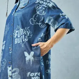 Bewakoof Women's Blue All Over Printed Oversized Shirt Dress image 5