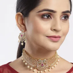 Zeneme Gold Plated White Red AD Studded Drop Pearl Beaded Jewellery Set image 3