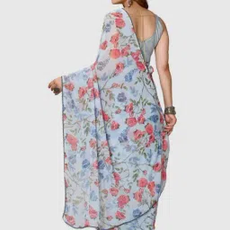 Odette Blue Floral Print Saree With Unstitched Blouse image 2